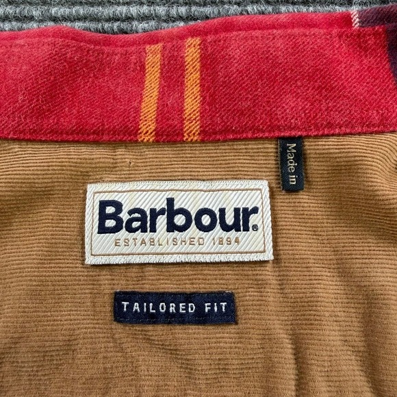 Barbour John Tailored Fit Plaid Button Down Flannel Shirt Men Large Red Navy - Picture 6 of 16